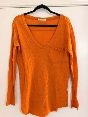 We The Free Free People Orange V-Neck Long Sleeve Pocket Tee